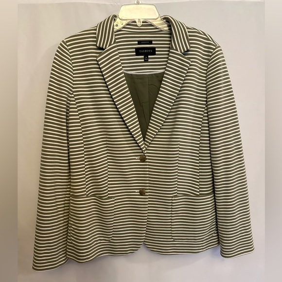 Talbots Aberdeen Striped Blazer Size 14 Olive Green White Knit Career Preppy - Picture 2 of 10